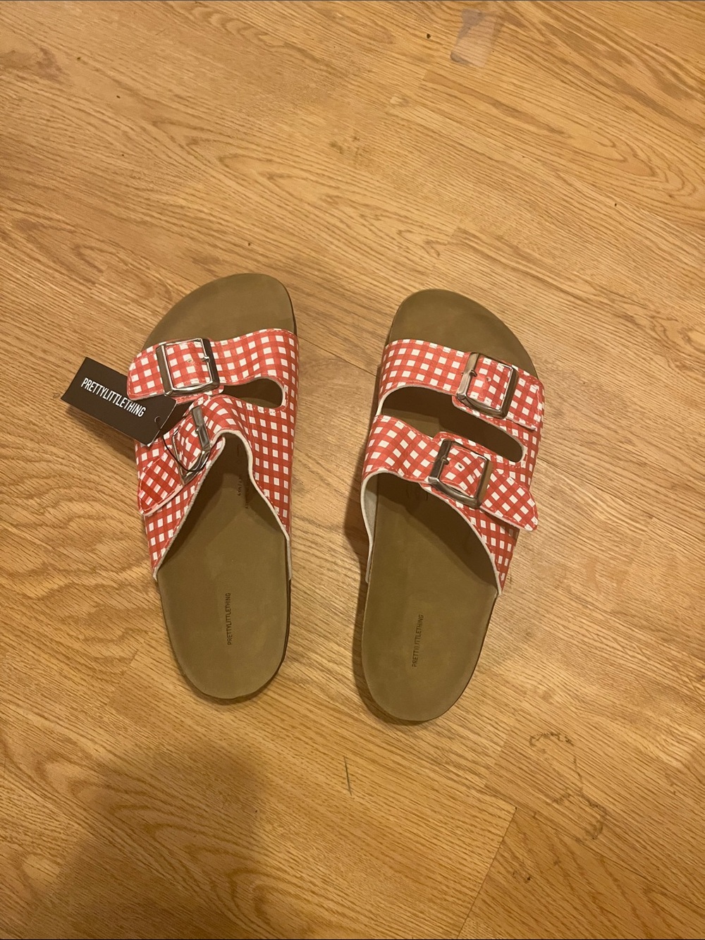 PrettyLittleThing Red Gingham Double Buckle Slides
